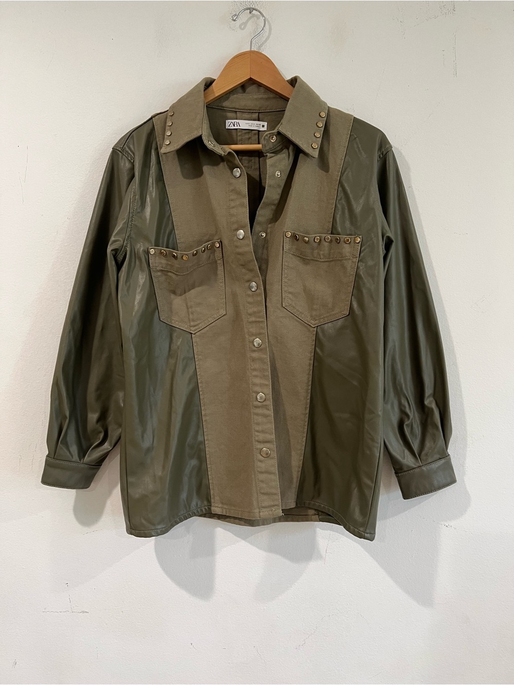 Zara Olive Two-Tone Stud-Trim Utility Jacket S oversized